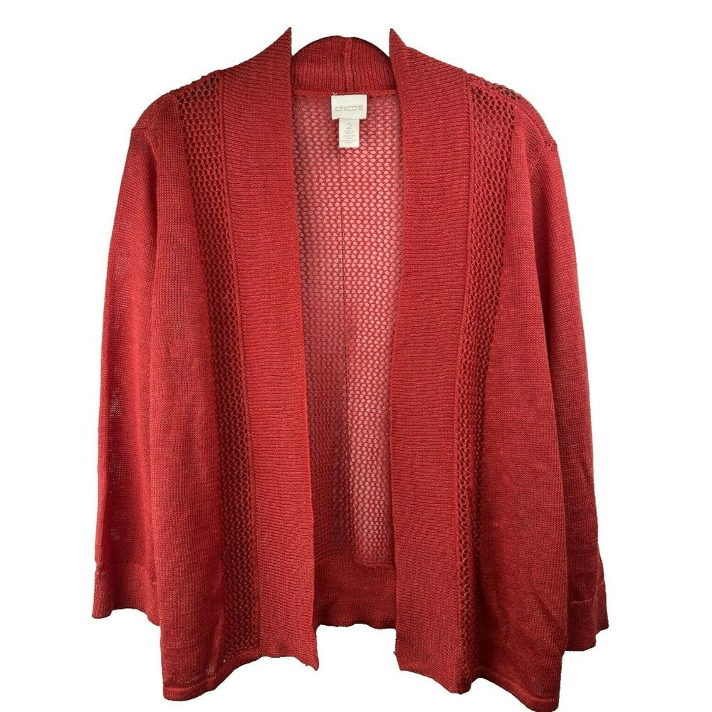 Chicos Cardigan Size Large Coral‎ Open Knit Coastal Cruise Beach Lightweight 3/4